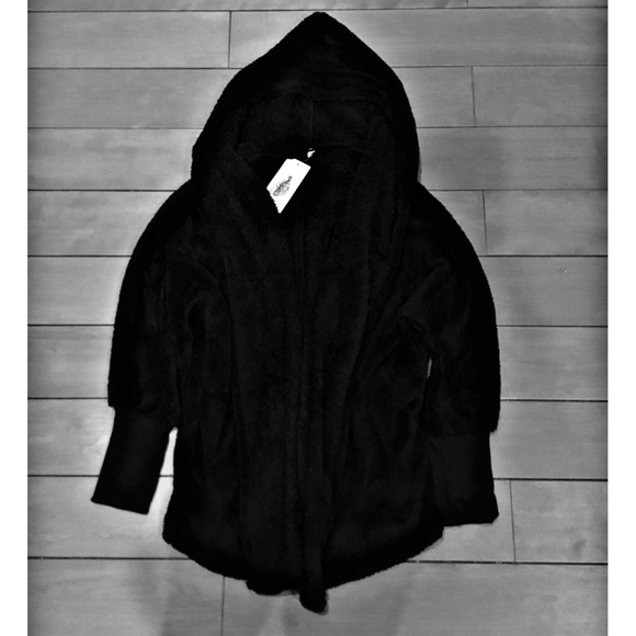 Black fleece open front cardigan with hood - Picture 5 of 5